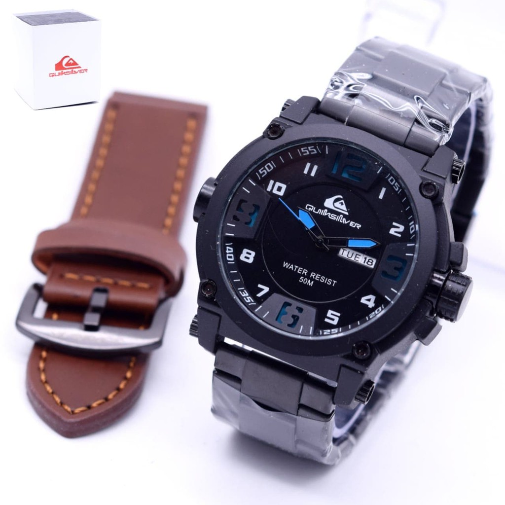 Tarija Ajmer Jam Tangan Pria Qu1ks1lv3r Paket Rantai Black Blue, Leather Brown