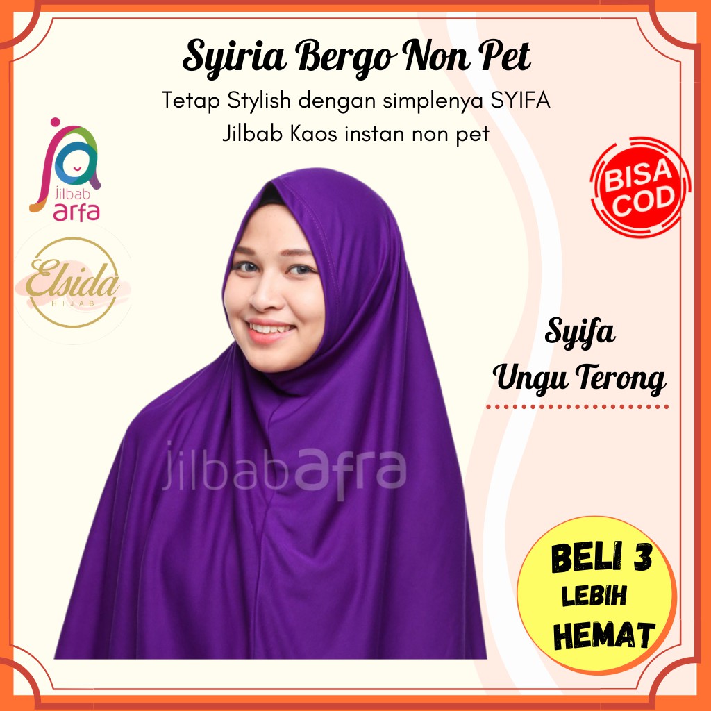JILBAB AFRA SYIFA UNGU TERONG Bergo Tanpa Pet- bergo kaos syiria syar'i (Kerudung Instan)