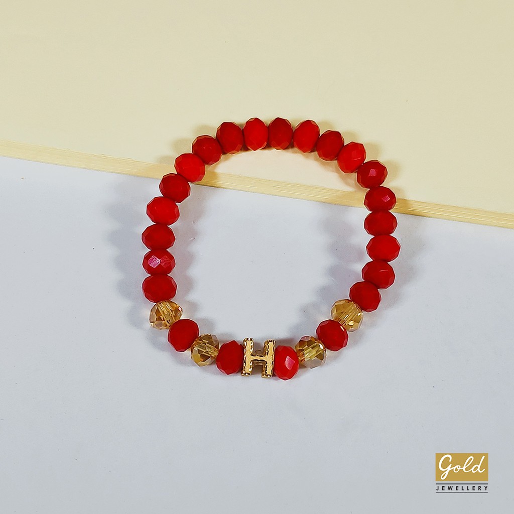 Gelang tali emas kuning kadar 700 70% charm inisial H bsr batu merah