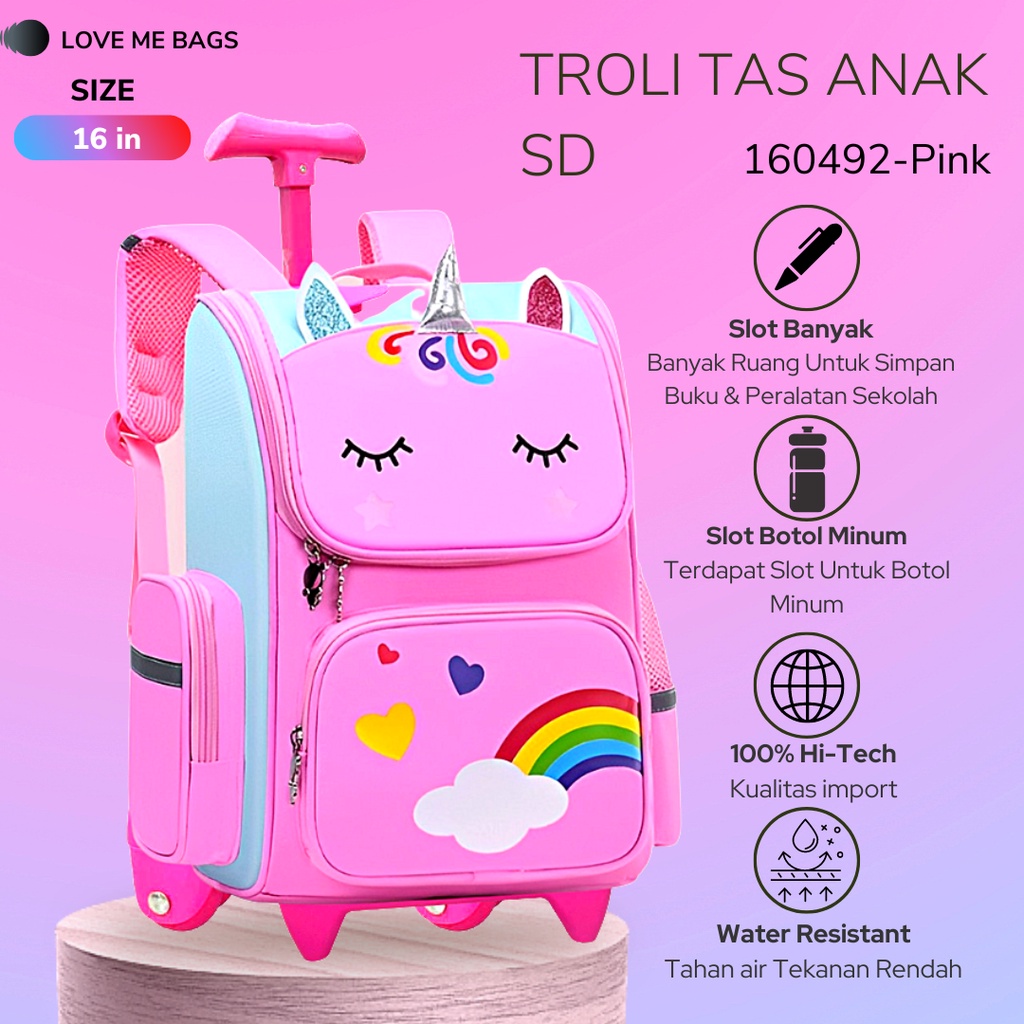 LMB Tas Troli Anak Sekolah Perempuan SD Import Karakter Kartun Bahan Nilon Premium Unicorn Ukuran Besar