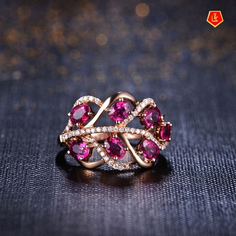 [Ready Stock]Elegant Personality Rose Gold Ruby Leaf Ring