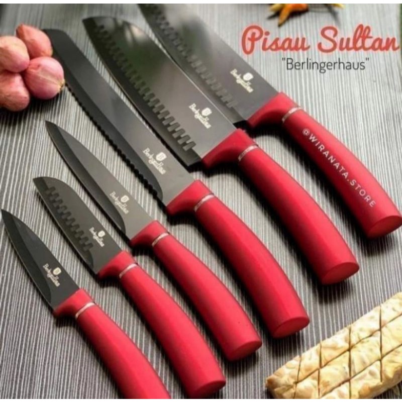 BERLINGER HAUS 6 PCS KNIFE SET BURGUNDY Pisau Chef Daging Roti Buah