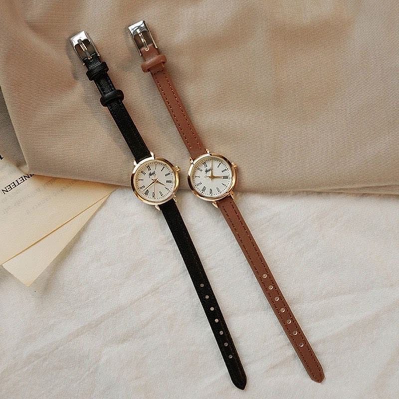 Jam Tangan Wanita Analog Kecil Dial Bulat Dengan Strap Pu Leather Korean Fashion Jam tangan Quartz Strap PU Analog casual gaya retro wanita bulat watch korean