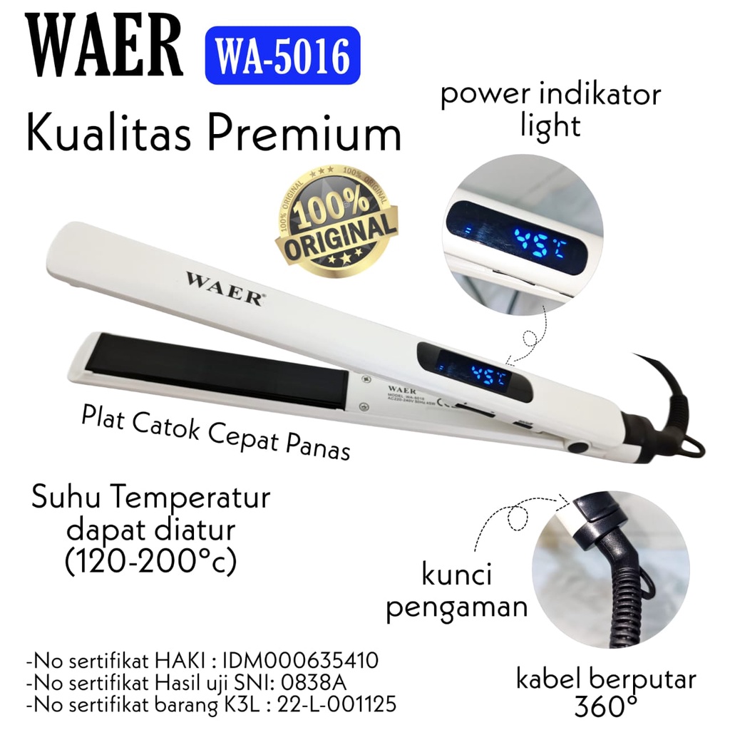 CATOK RAMBUT WAER WA-5016 Satin Hair Colour Straightener and Curl ORIGINAL