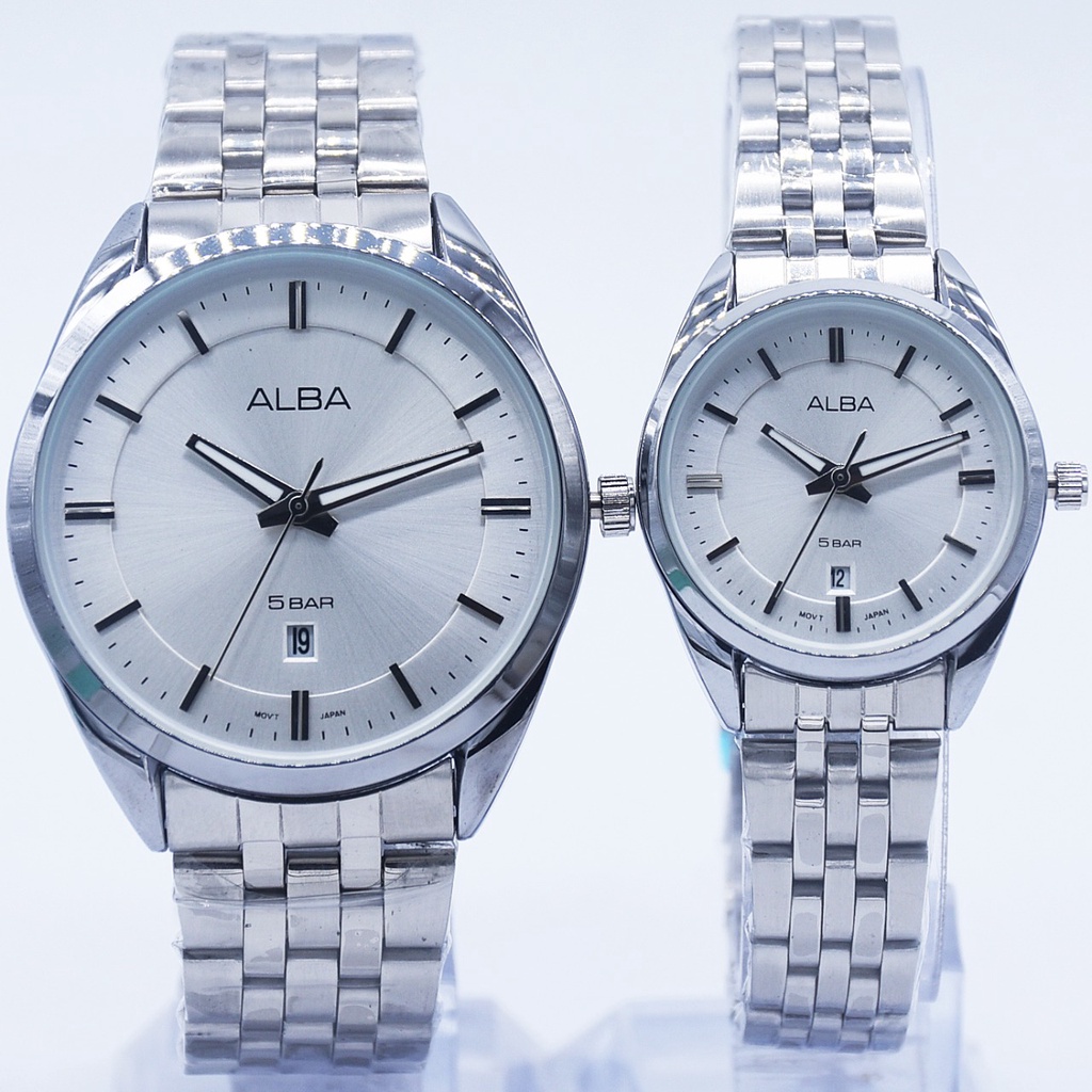 Jam Tangan Couple Fashion Alba L8852G Tali Rantai Tanggal Aktif Free Box &amp; Baterai