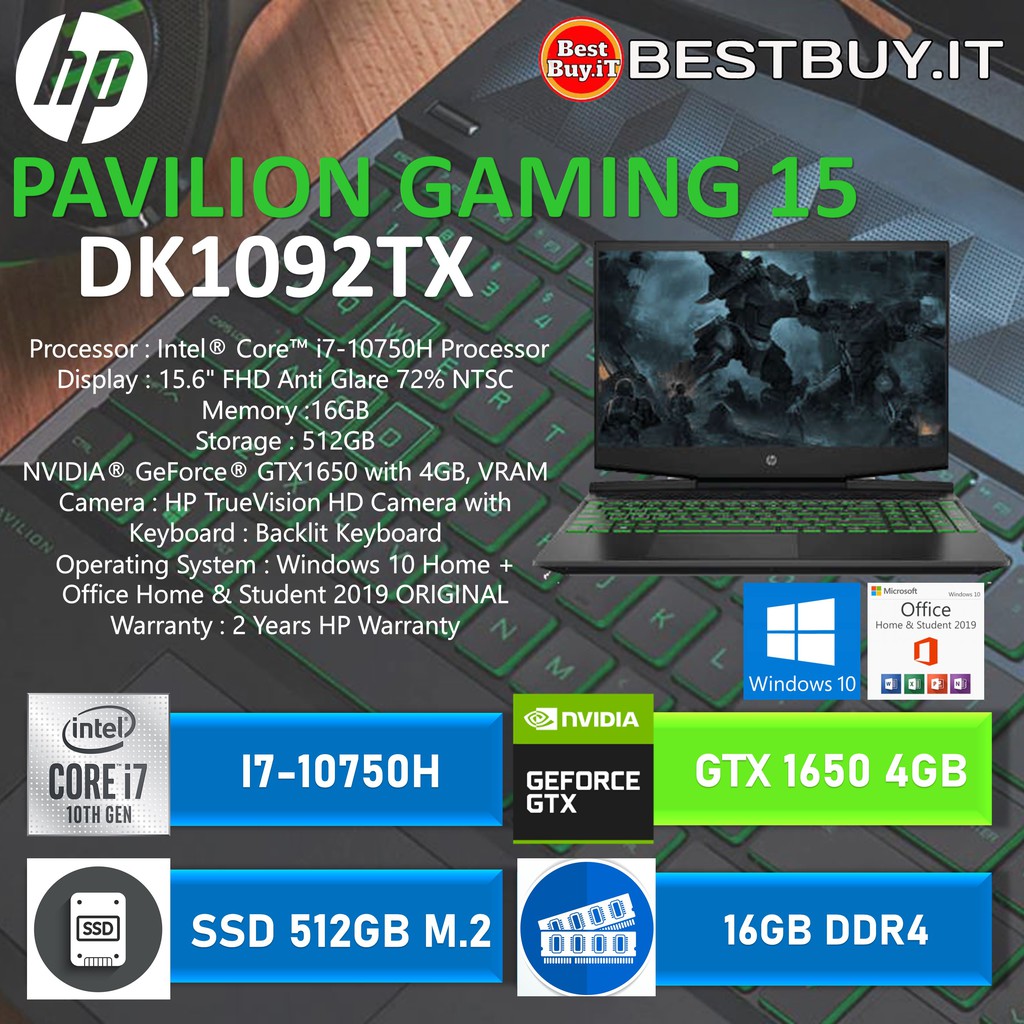 Hp Pavilion Gaming 15 dk1092TX i7 10750 16GB 512SSD GTX1650 W10+OHS