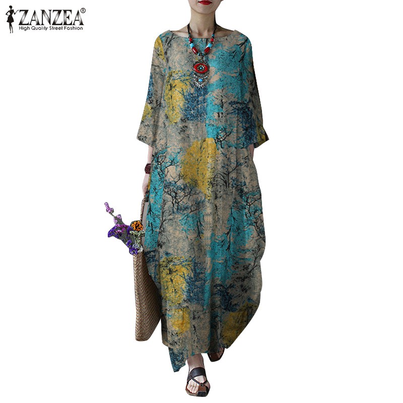 ZANZEA Women Casual Ptinted 3/4 Sleeve Side Pockets Maxi Dress