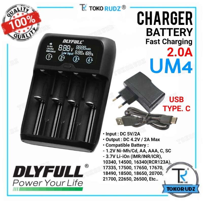 Charger Baterai Cas Batre AA A2 AAA A3 NiMh NiCd 18650 Li-ion Smart Fast Charging Type C 2.0A DLYFULL UM4 Original