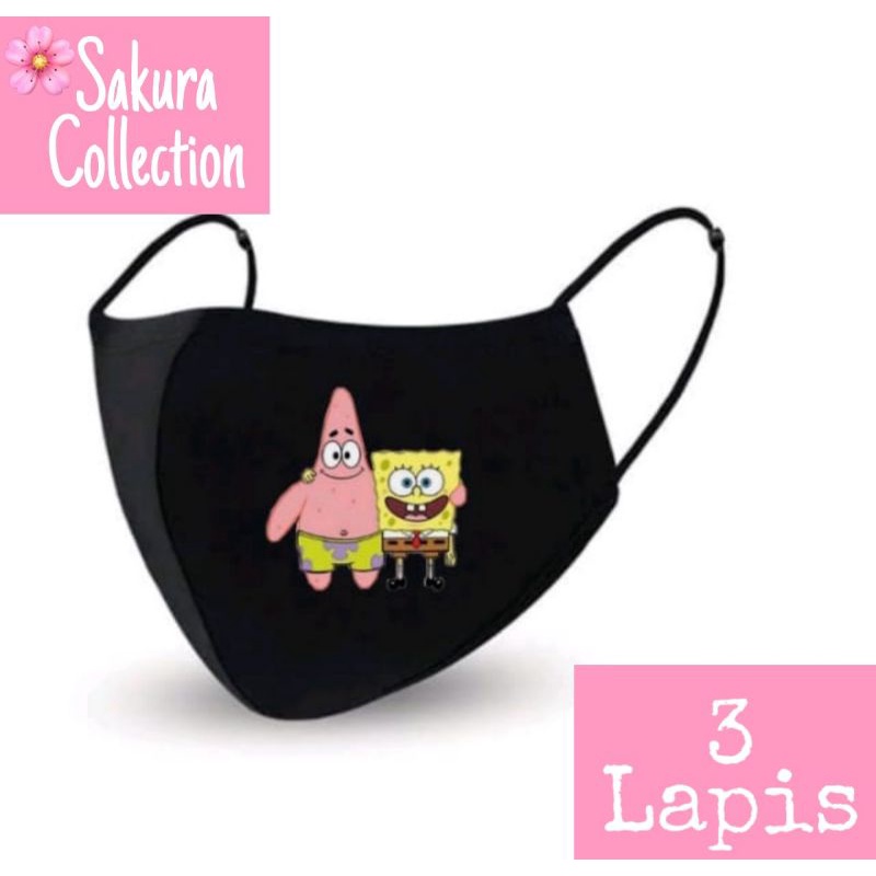 Masker Spongebob / Hitam 3ply / 3 Lapis - KN95 -Earloop - Scuba