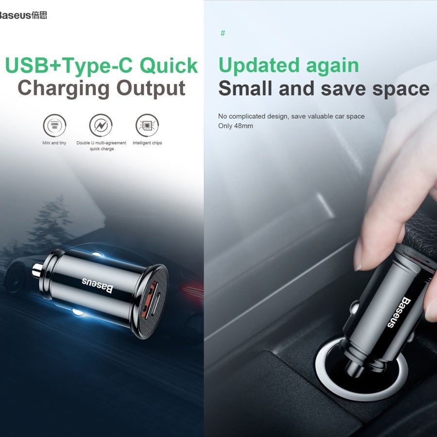 CAR CHARGER BASEUS 30W TYPE-C PD+USB QUICK CHARGE 3.0 - Hitam