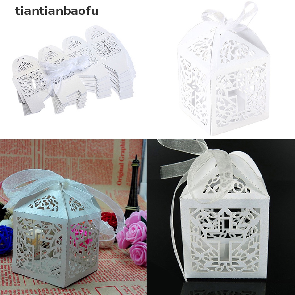 [tiantianbaofu] 10/50/100pcs Wedding Party Favor Cross Paper Candy Gift Boxes With Ribbon Boutique