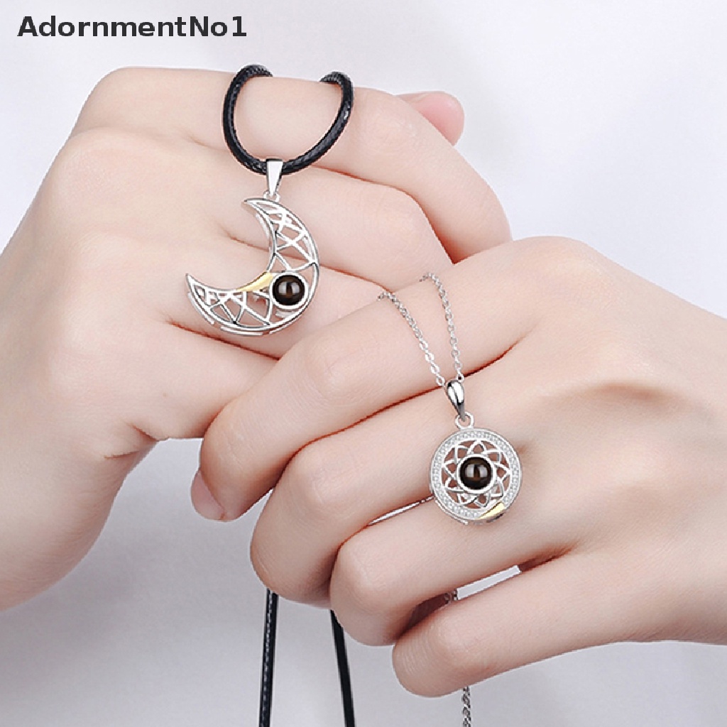 (AdornmentNo1) 2pcs / Set Kalung Rantai Liontin Matahari + Bulan + Bulan Sabit 100 Bahasa Untuk Pasangan / Pria / Wanita