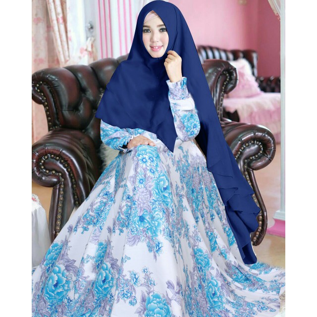 Helen Syari Biru Baju Muslim Wanita Gamis Syar'i Pesta