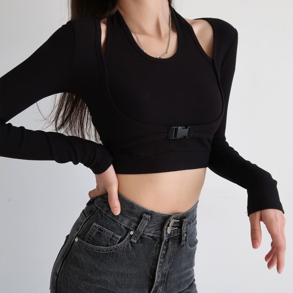 Suhao Palsu Eropa dan Amerika Lengan Panjang T-Shirt Wanita Warna Murni Pendek Slim Fit Murni Keinginan Slim Fit Mesin Pakaian Dalam Slim Fit