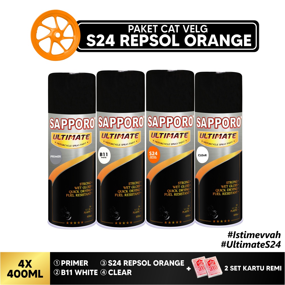 Paket Cat Velg S24 Repsol Orange+FREE Kartu Remi /Sapporo Ultimate/Cat Spray Semprot Aerosol Terbaik