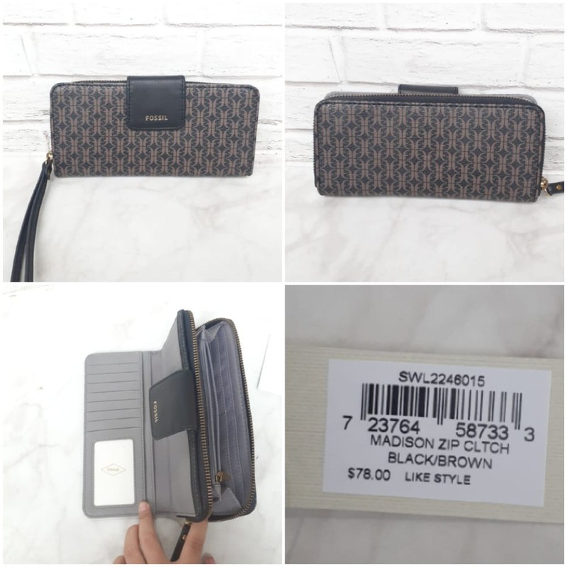 dompet f0ssil madison zip clutch wallet black brown