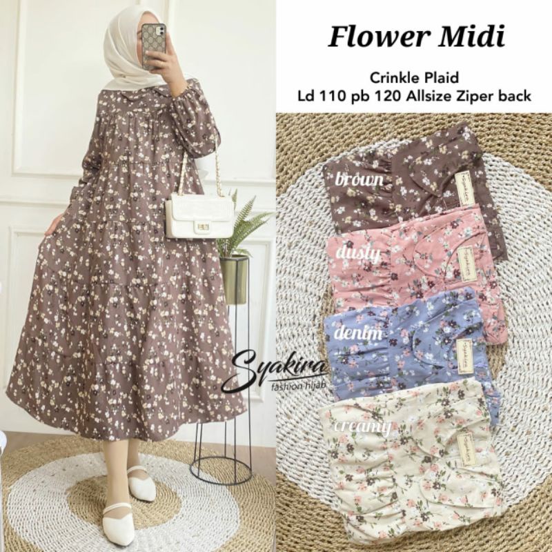 Flower Midi Ori Syakira Fashion Hijab Pakaian Wanita Dress Gamis Surakarta Solo