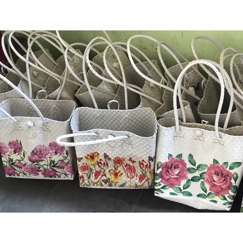 tas anyaman decoupage putih plastik anyam belanja