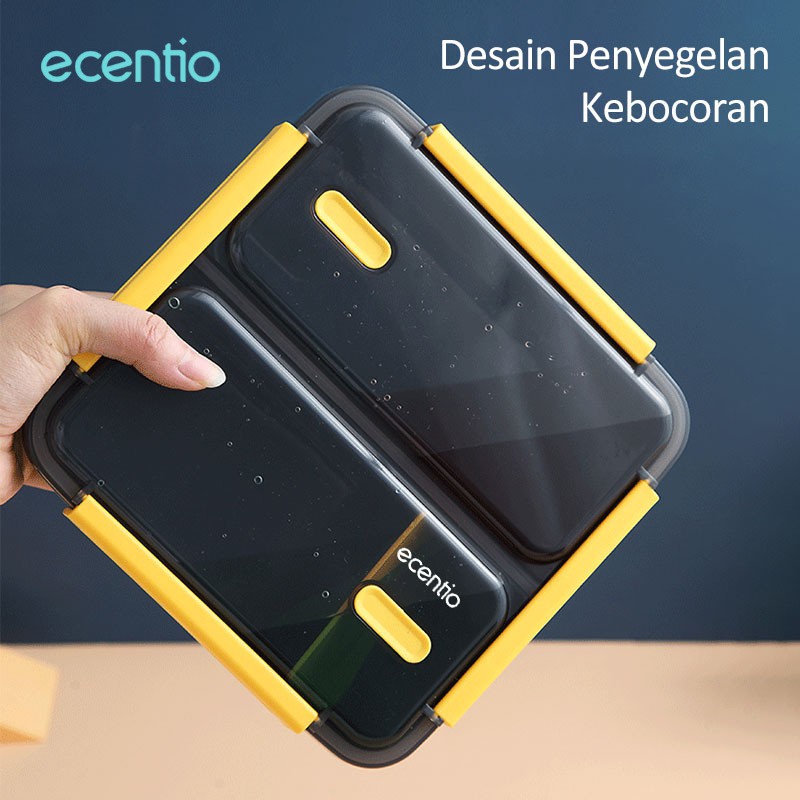 ecentio &amp; FOODI 1100ml 3 Sekat Kotak Bekal Makan Hijau/Biru Siang Lunch Box anti tumpah Free Sendok Sumpit Portable tempat makanan