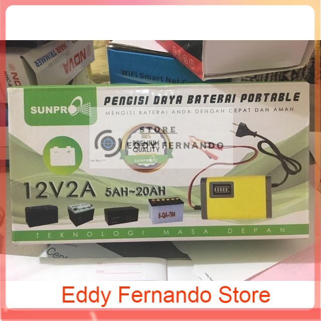 CHARGER AKI CAS PENGISI DAYA BATERAI PORTABLE 12V 2A SUNPRO 5H - 20AH