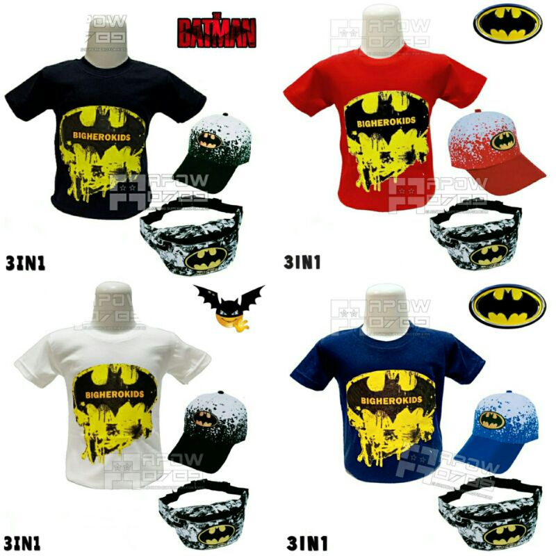 paket murah 3in1 baju kaos anak laki laki tas selempang anak topi anak motif batman usia 1-10 tahun waistbag anak kaos anak