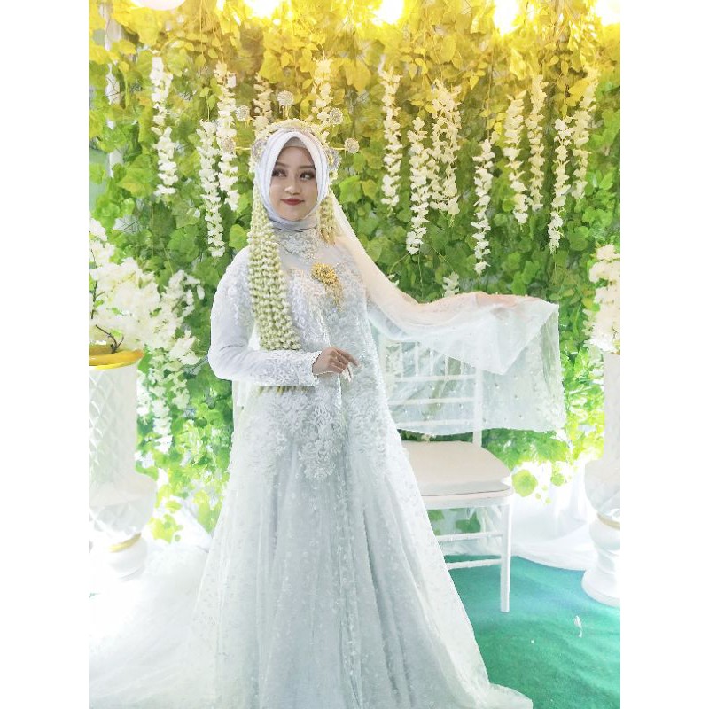 Gaun pengantin preloved second putih akad resepsi wedding prewed ekor tile akar mewah aize XL syari