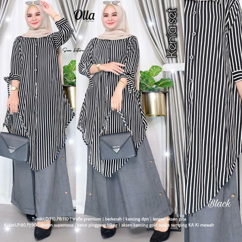 (COD) Kenia One Set Stripe Setelan Celana Kulot + Tunik Salur Jumbo Hitam Putih Ld 110 XXL By SF