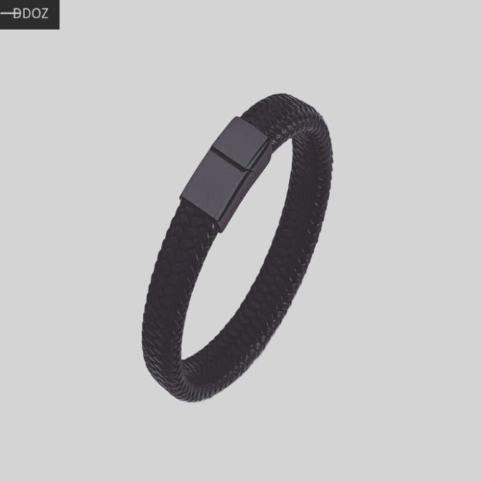 Gelang kulit / Gelang kulit stainless FASHION PRIA - Hitam, M