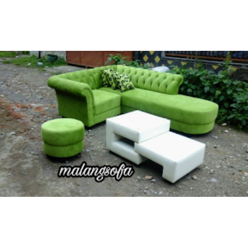 Sofa Minimalis ( Sudut Slonjor kancing) + meja minimalis malang
