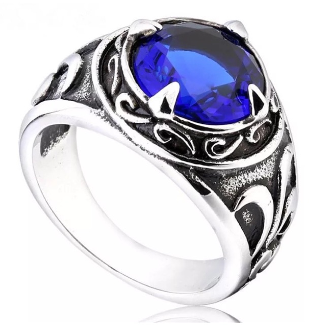 Cincin Pria King Safir Model Retro Blue Saphire Vintage Elegan Kantoran