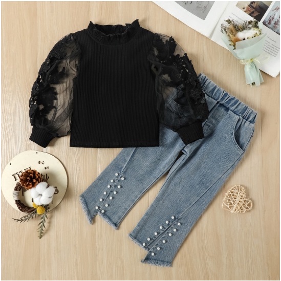 SET BABY OUT FIT SPRING FALL HITAM PUTIH SIZE 90-140 IMPORT PREMIUM BRUKAT SET JEANS