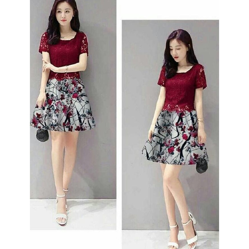 Pf Dress Pendek Brukat U002F Mini Dress Red Brokat Flower Abstrak Party Df