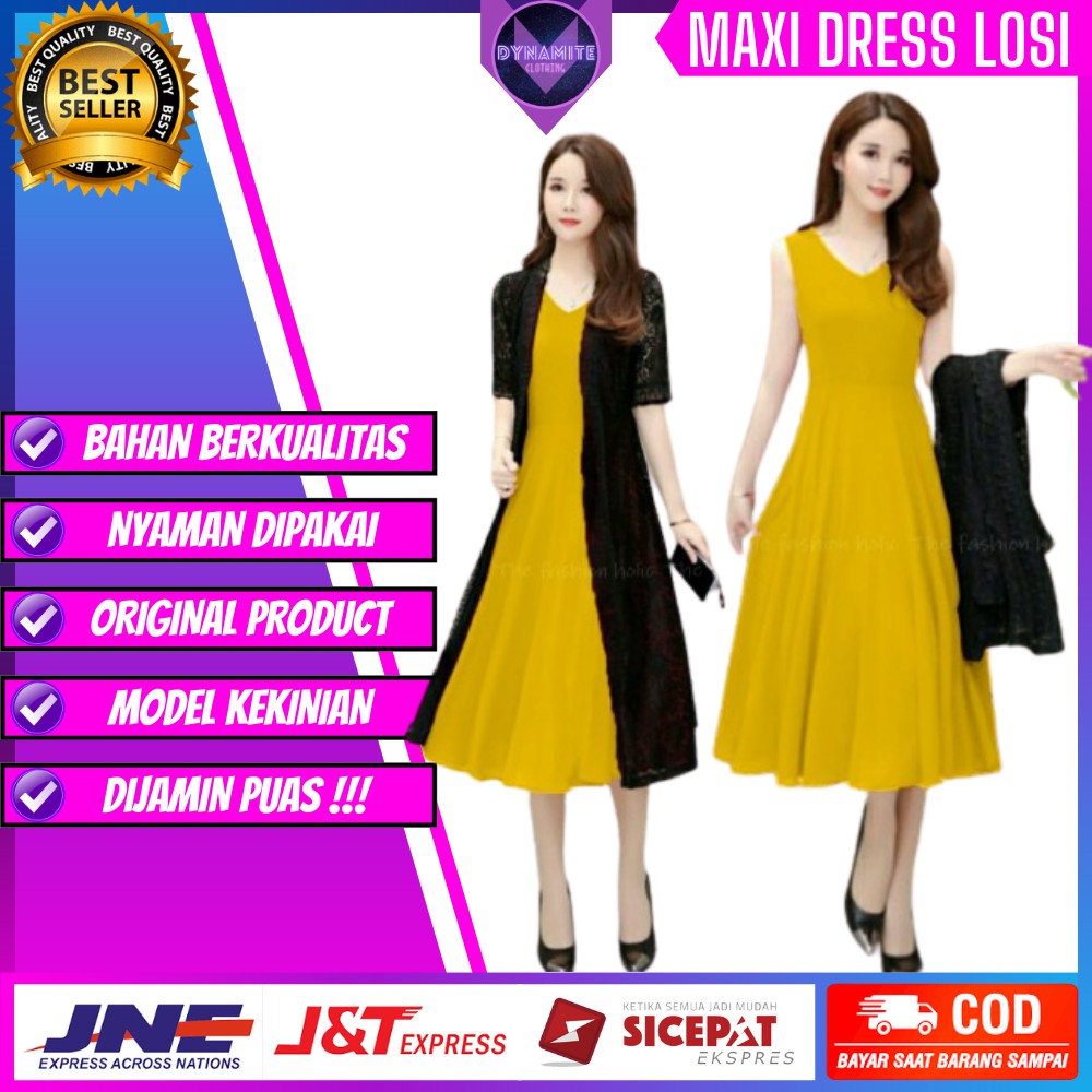 Satu Set Maxi Dress + Cardigan Dres Drees Gaun Pesta Panjang Fashion Korean Style Wanita Cewek Murah