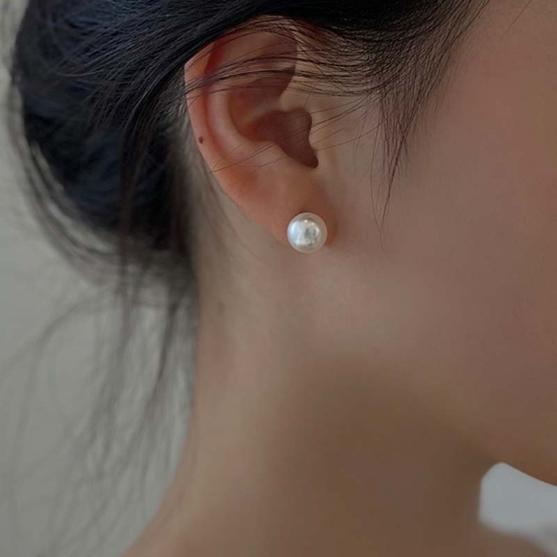 Anting Stud Mutiara Lapis Silver Ukuran 8mm Gaya Korea Untuk Wanita