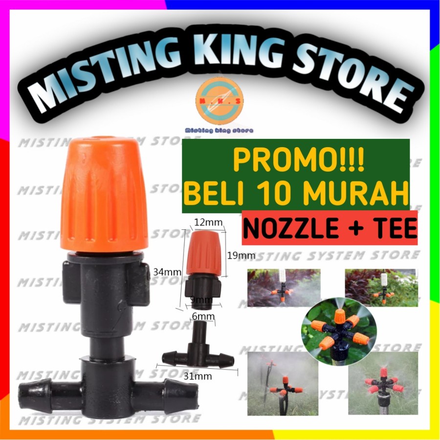 MIST NOZZLE ORANGE SPRAYER MISTING HEAD SPRAY SPRINKLER + NEPEL TEE SELANG PE PU 7MM 6MM