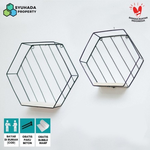 Rak Bunga Buku Hiasan Tempel Dinding Besi SegiEnam Dekorasi Minimalis