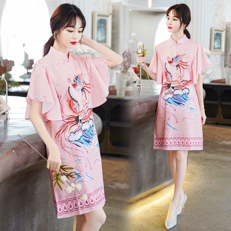 New printed cheongsam 202mm women's dress with large sleeves