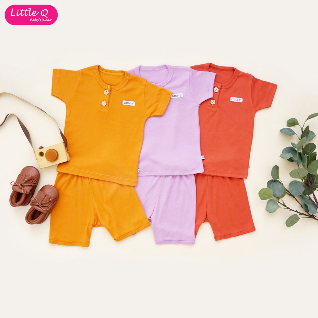 [Size SML] Little Q Polos Plain Set Mix Setelan Pendek Kancing Dada Celana Pendek 3/4 Isi 3 Pcs