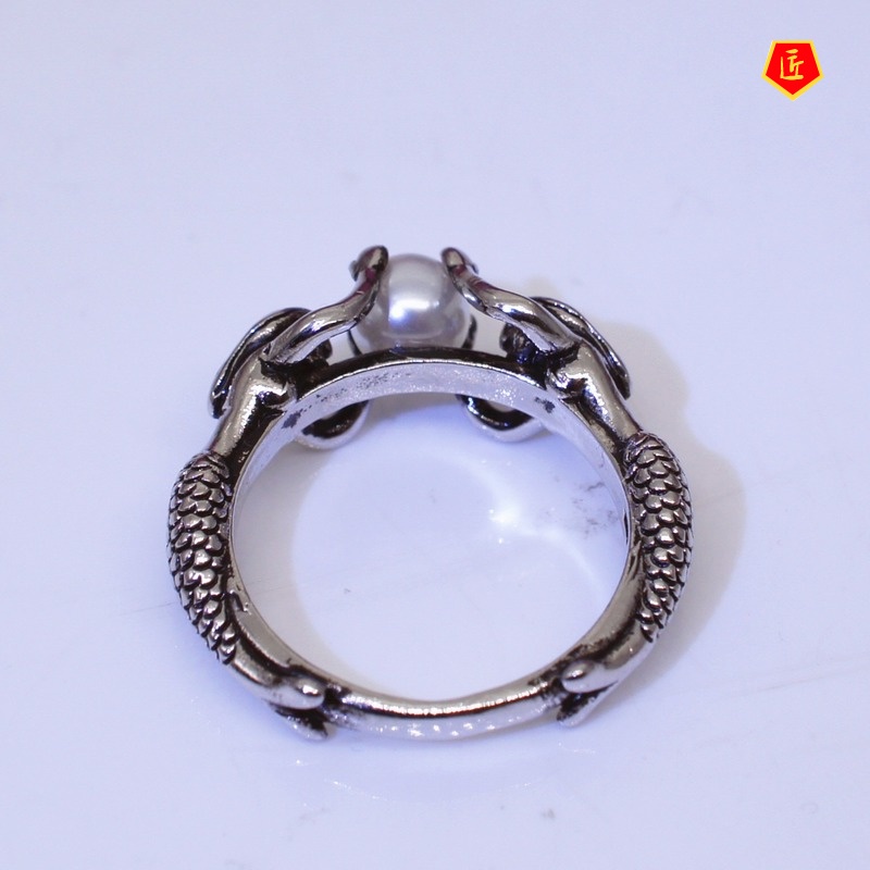 [Ready Stock]Simple Personality Mermaid Pearl Silver Black Ring