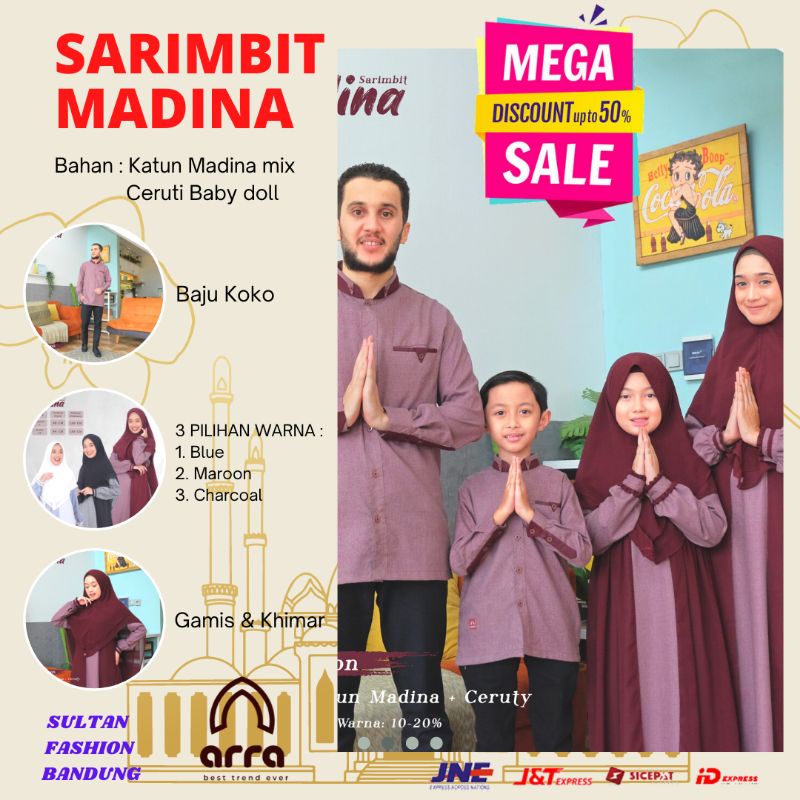 KOKO GAMIS SARIMBIT COUPLE KELUARGA AYAH IBU ANAK LEBARAN SERIES MADINA ARRA WARNA MAROON BUSANA MUS