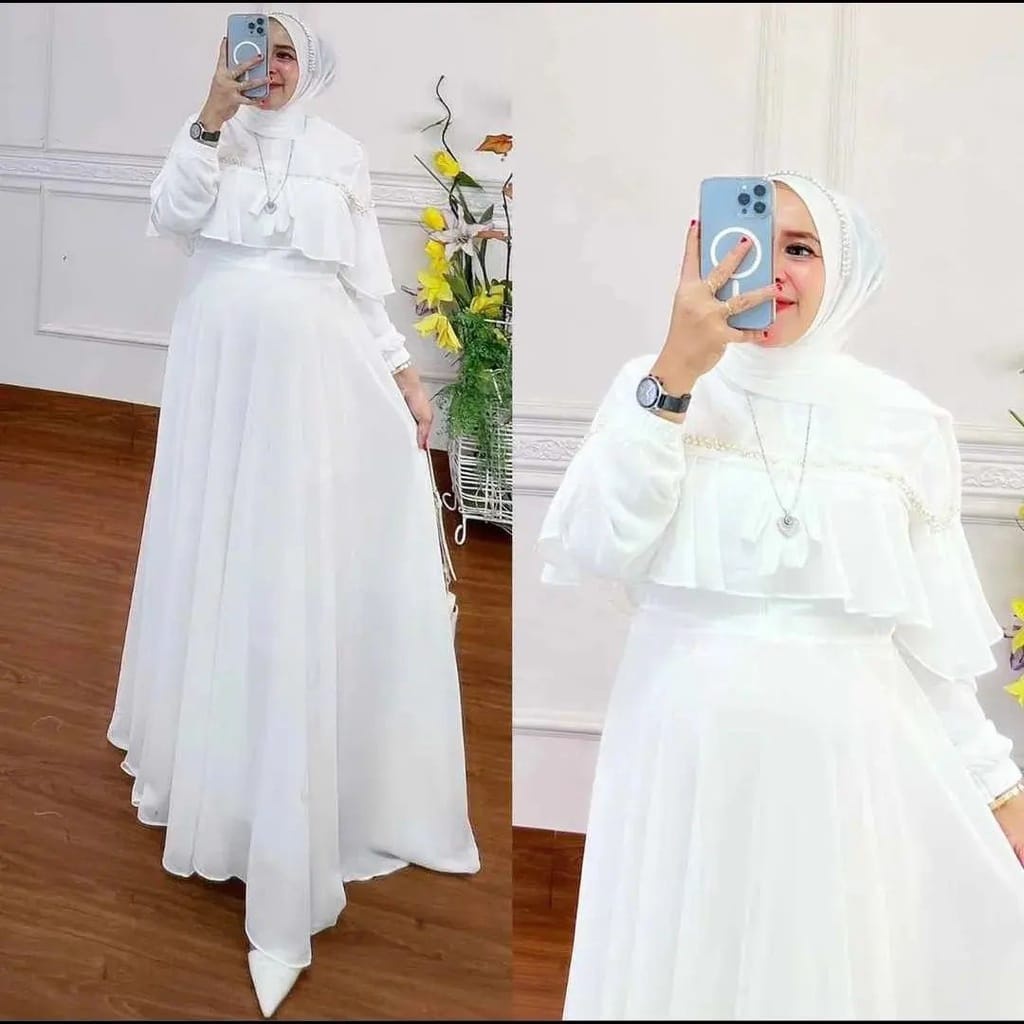 Busana Muslim Wanita Terbaru Gamis Pesta Mewah Elegan Gamis Putih Ceruty Babydoll Baju Kondangan Wanita Adikta Dress