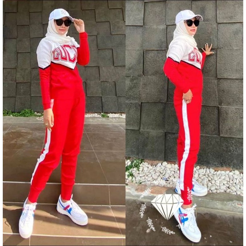 Stelan Senam Merah Putih/Baju Senam Merah Putih/Setelan Olahraga Wanita Modis Terbaru 2022 Gerak Jal