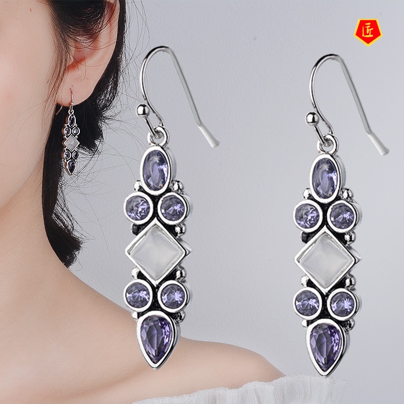 [Ready Stock]New Elegant Retro Silver Amethyst Moonstone Earrings