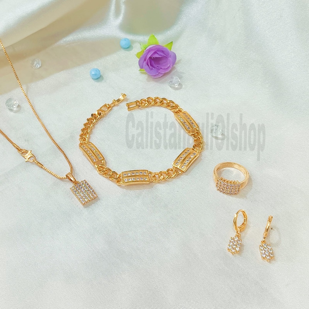 SET DEWASA BUNGA SYANTIK ZIRCON PERHIASAN EMAS  KOREA ANTI KARAT DAN ANTI LUNTUR