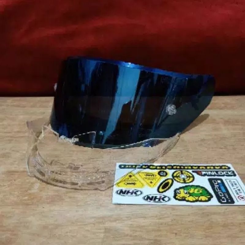 Paket flat visor NHK gp1000 iridium blue + stiker visor  + spoiler iridium gold silver husus NHK gp1000 + stiker + spoiler nhk gp 1000