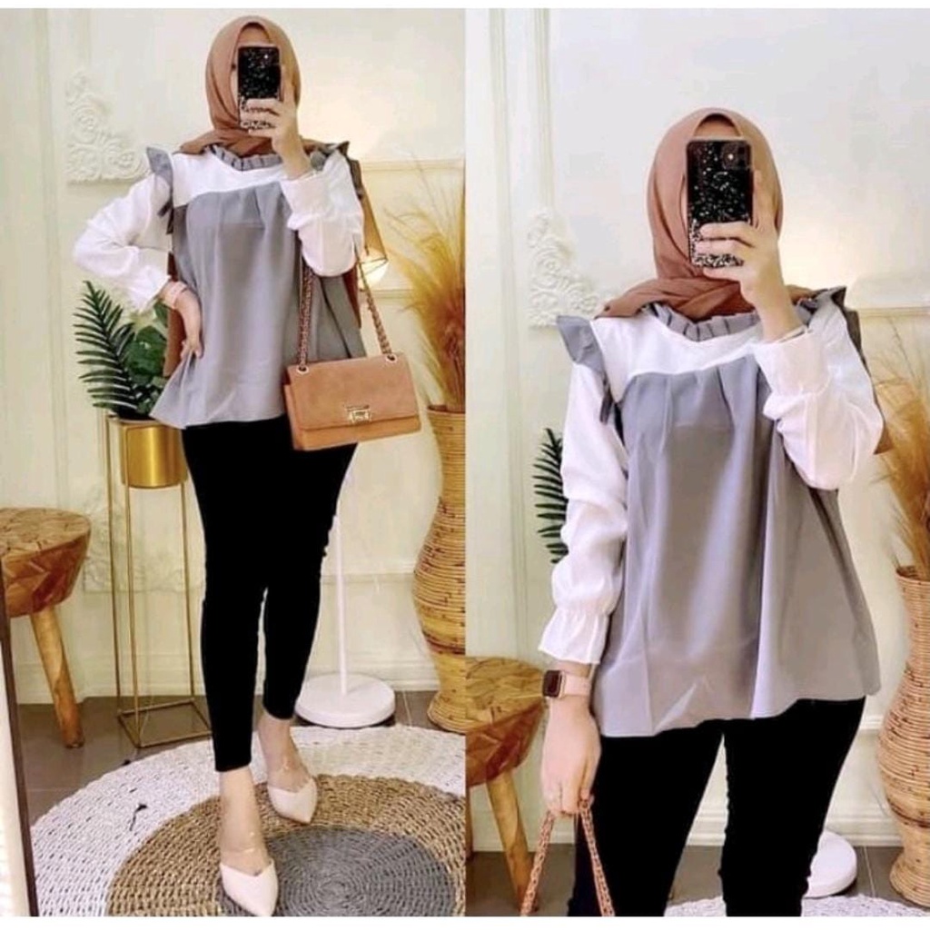 Julie Top Blouse Wanita Lengan Panjang Kombinasi Polos Baju Atasan Wanita Terbaru Fashion Wanita Kekinian