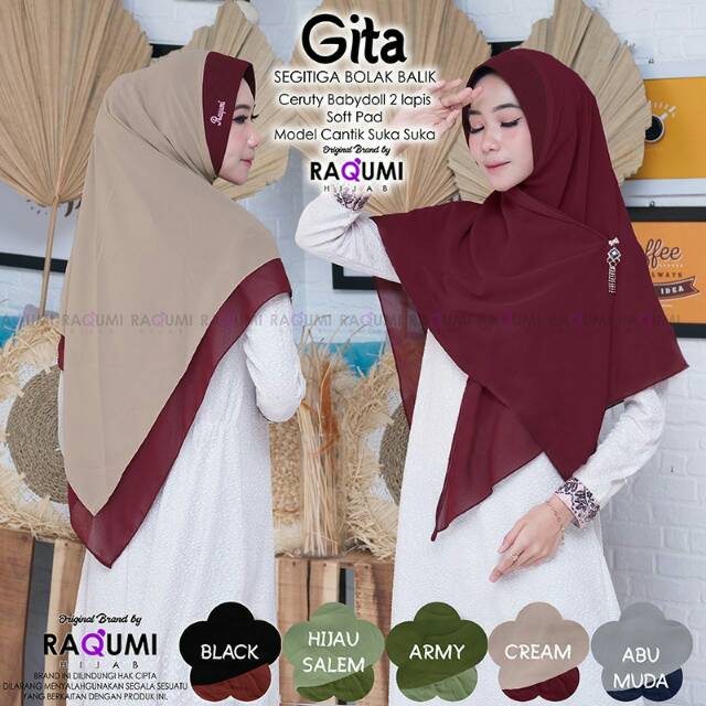 original brand by raqumi hijab - gita segitiga bolak balik soft pad bahan ceruty babydoll 2 lapis