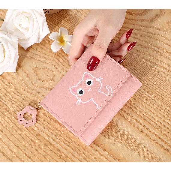 W15 Dompet Wanita Mini Happy Cat Perempuan Cewek Lucu Kantong Koin Kartu Uang Foto Cantik Women Wallet Kulit PU Leather Hitam Lipat Kecil Panjang  Sapi Korea Pria Cowok Laki Laki Cowo Import Premium Murah Tas Dompet Wanita Import Cewe Cantik Lipat