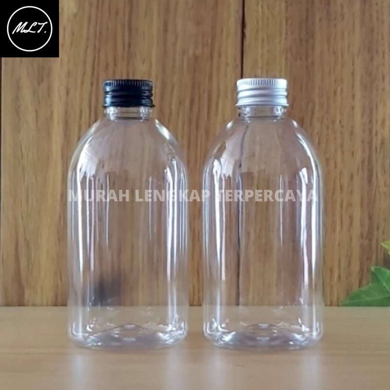 BOTOL PLASTIK 250ML TUTUP ULIR ALMUNIUM OVAL APEL / BOTOL MINUM 250 ML TUTUP ULIR ALMUNIUM SILVER DAN HITAM PET 250 ML OVAL ULIR