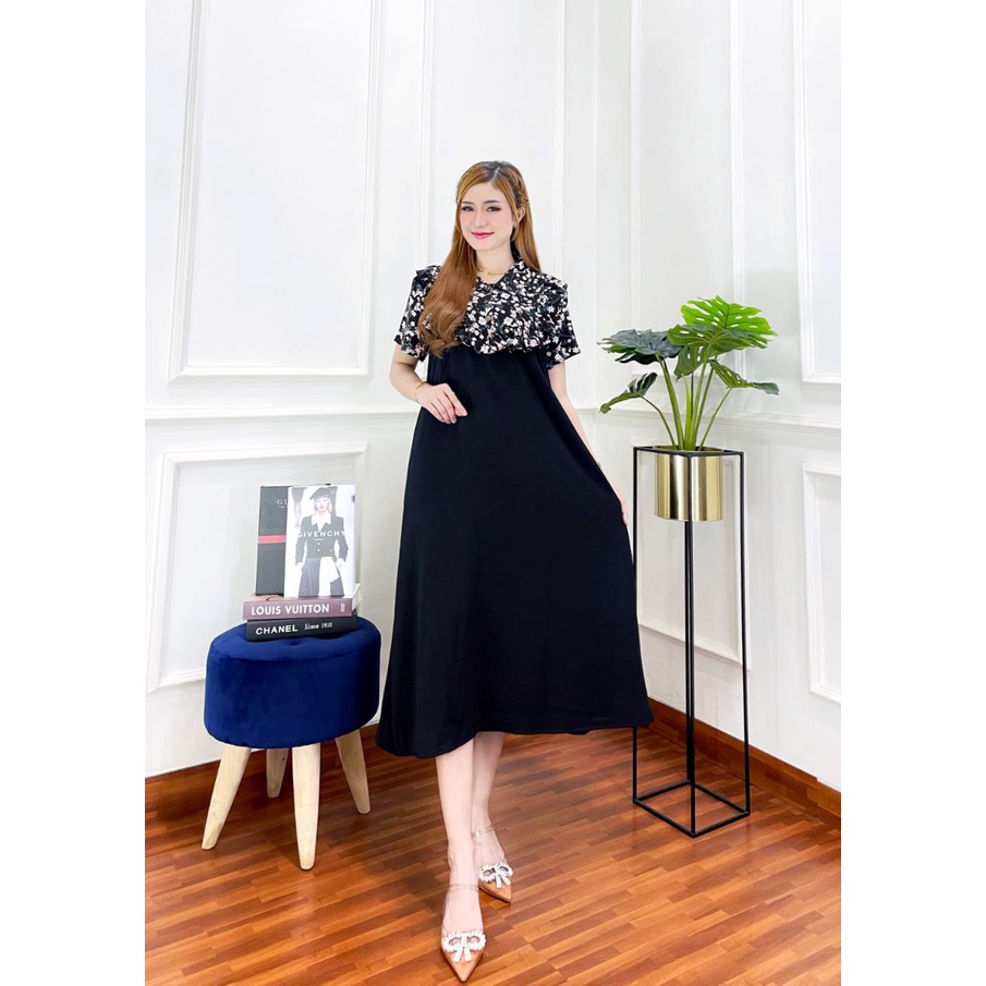 Flower Sakura Dress Wanita Jumbo Rayon Armor Kombinasi Crinkle Airflow Premium Baju Wanita Kekinian Lengan Pendek Maxydress  LD 110 cm